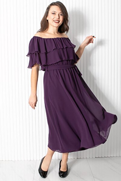 SUBU TASARIM Βραδινό φόρεμα μωβ σιφόν με γιακά καρμέν - TBS918