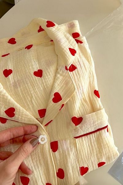 PEMBİŞ HOMEWEAR Beatiful Crinkle Red Heart Knitted Special Fabric Pajama Set
