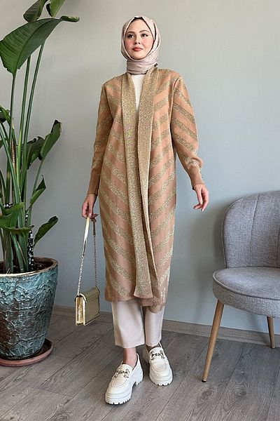InStyle Glitter Detailed Camel Knitwear Jacket