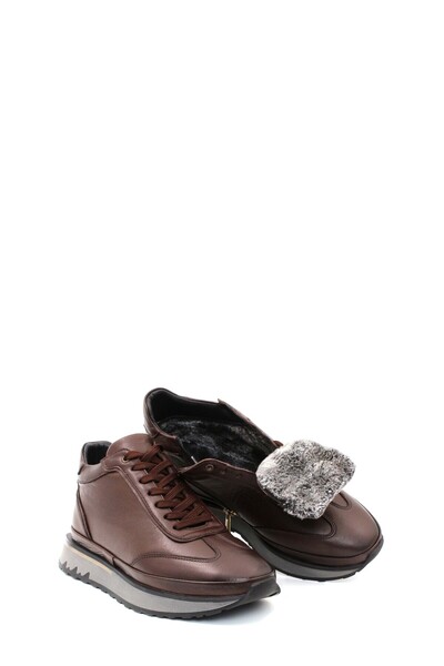 TUGERDİ Ανδρικά αθλητικά μποτάκια Tugerdi Brown από γνήσιο δέρμα με επένδυση από γούνα, σόλα από καουτσούκ, με κορδόνια και φερμουάρ TG098551913