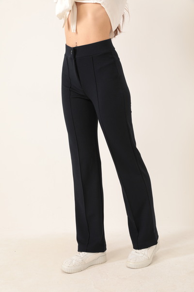 RuyaMood Women's Navy Blue High Waist Ribbed Stitched Lycra Knitted Trousers