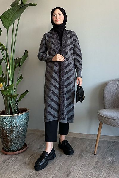InStyle Glitter Detailed Anthracite Knitwear Jacket