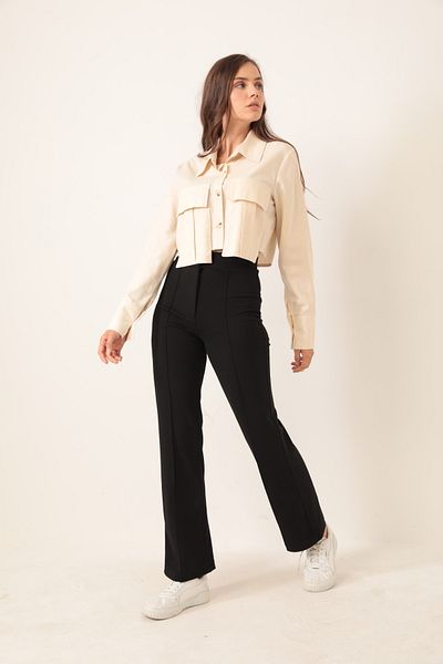 RuyaMood Women's Black High Waist Ribbed Stitched Lycra Knitted Trousers