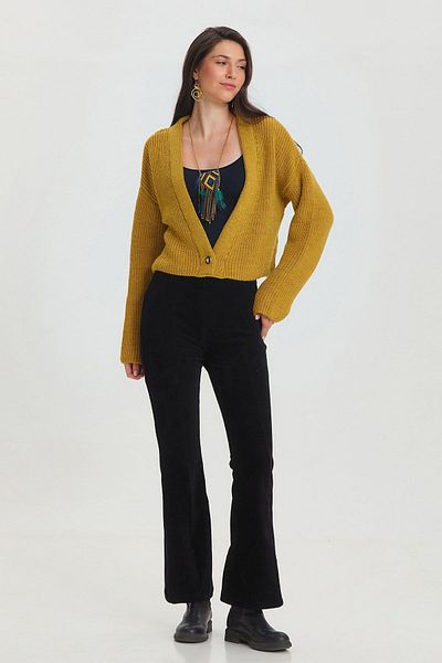 Clandestino Cardigan crop boem galben - detaliu cu nasturi și tricot simplu