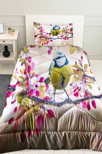 Else Dekor Colorful Birds Patterned Single Quilted Quilt Pillowcase
