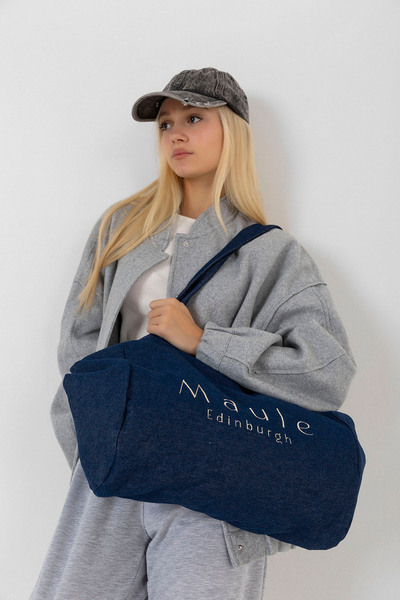 Maule Mavi Nakış Detaylı Ortaboy %100 Pamuk Indigo Kadın Omuz Çantası Tote Bag