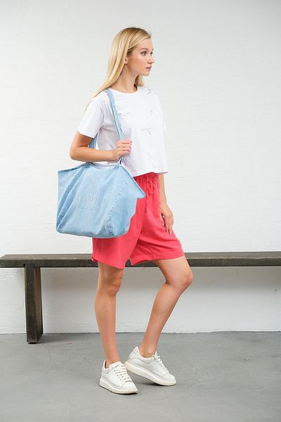 Maule Light Blue Embroidery Detailed Medium Size 100% Cotton Indigo Women's Shoulder Bag Tote Bag