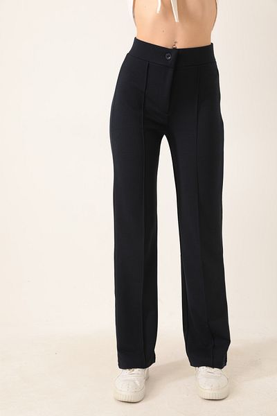 RuyaMood Women's Navy Blue High Waist Ribbed Stitched Lycra Knitted Trousers