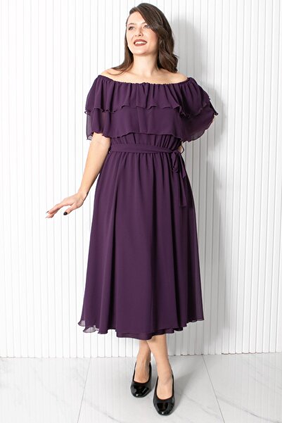 SUBU TASARIM Βραδινό φόρεμα μωβ σιφόν με γιακά καρμέν - TBS918