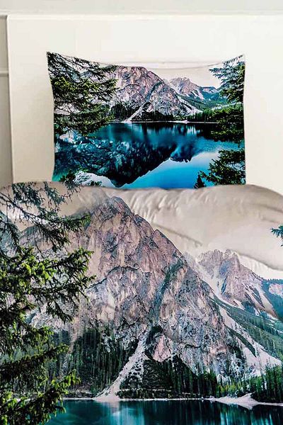 Else Dekor Blue Lake Landscape Patterned Single Quilted Quilt with Pillowcase