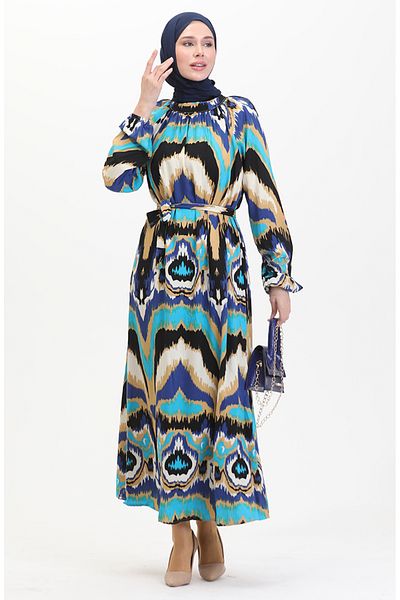 sefamerve Φόρεμα ζωσμένο με σχέδιο βισκόζης - 0501-06 Saks Turquoise