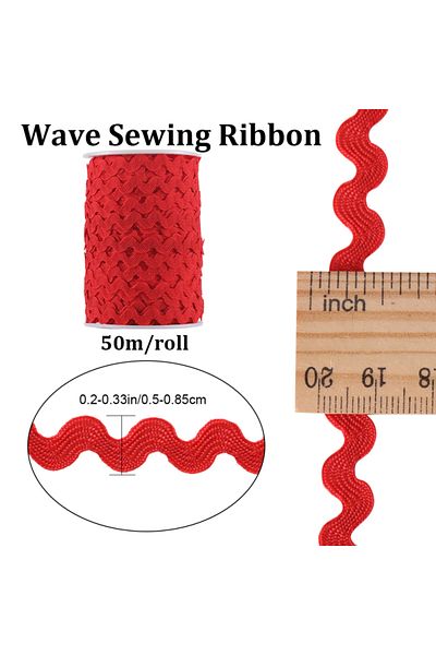 Choice M Aech-10017 54.6yds/50m Ric Rac Trim Ribbon Red Wave Bending Fringe Trim 0.2"/5mm Woven Braided Web