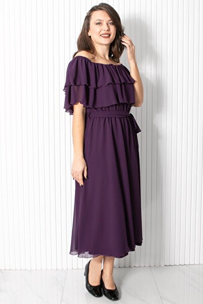 SUBU TASARIM Purple Chiffon Karmen Collar Evening Dress - Tbs918