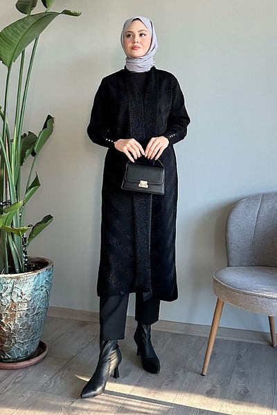 InStyle Glitter Λεπτομερές μαύρο πλεκτό μπουφάν