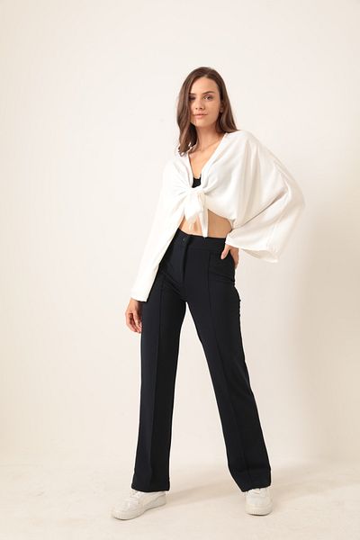 RuyaMood Women's Navy Blue High Waist Ribbed Stitched Lycra Knitted Trousers