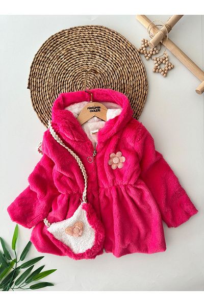 Minigimin Cicileri Pink My Mini Flower Patterned Girl's Winter Fur Bag
