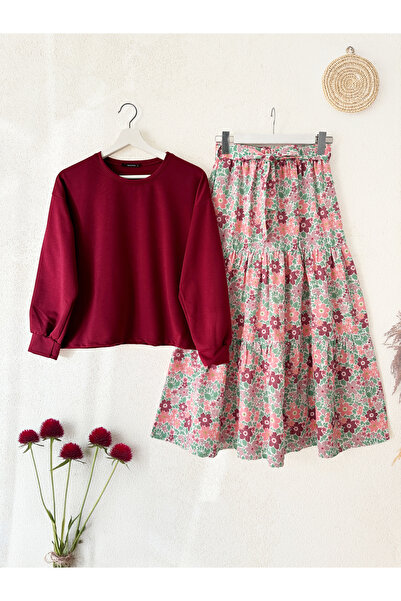 MODAQU Burgundy Sare Skirt and Blouse Set