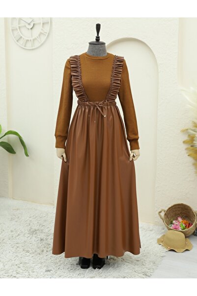 Modamorfo Top knit front ruffled leather dress - tan