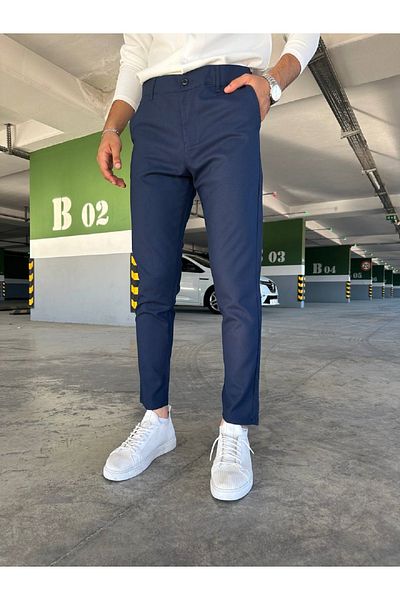 moda biz Men's Navy Blue Slim Fit Italian Cut Stretchy Lycra Quality Ankle Length Fabric Trousers