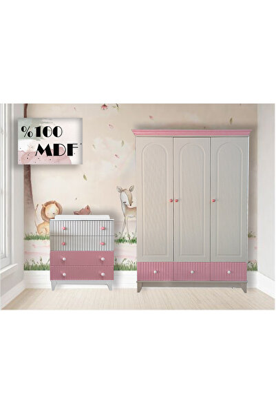 Koza Bohem %100 MDF Beyaz Pembe 3 Kapılı Dolap & Bohem %100 MDF Beyaz Pembe 4...