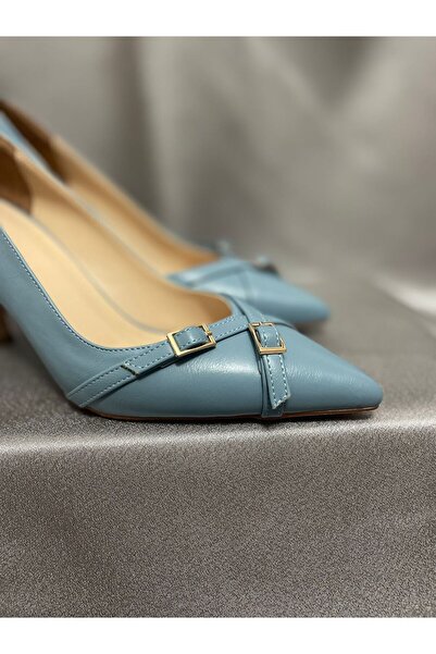 shoezy Retro Mavi Deri Topuklu Ayakkabı
