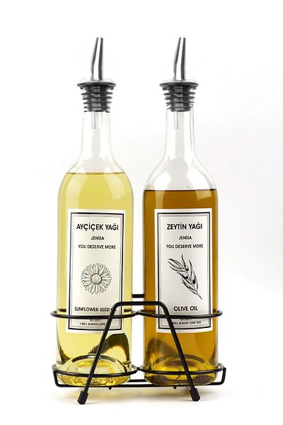 Jenisa 750 ml 2-Piece White Oil Bottle Set - Transparent Glass with Steel Non-Spill and Stopper Stand