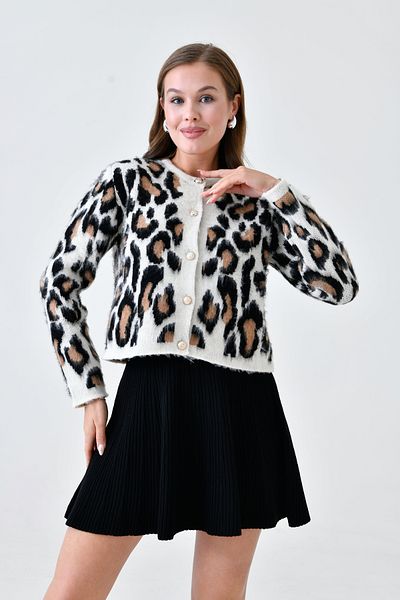 WOMAN VISION Cardigan de damă cu imprimeu leopard, cu decolteu, cu nasturi, 3539