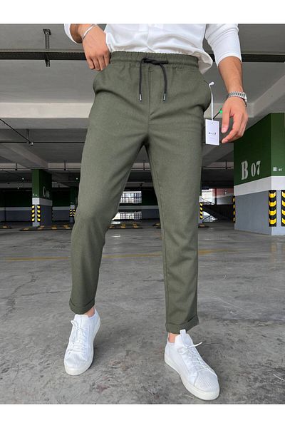 moda biz Ανδρικό παντελόνι Jogger με ελαστική λεπτή εφαρμογή Χακί μέσης με τσέπες