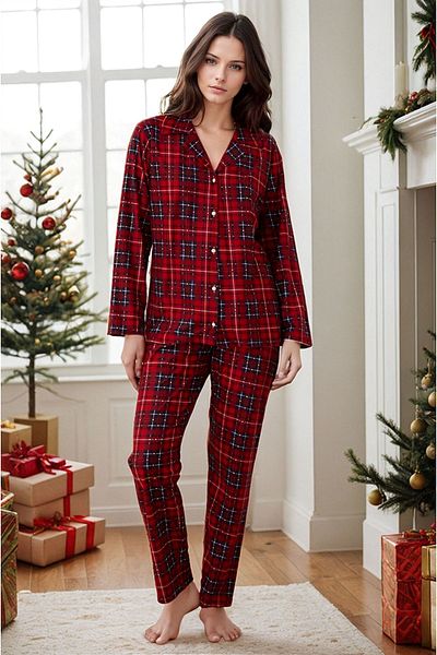 Burcumay Women's Plaid Patterned Winter Buttoned Suede New Year Themed Christmas Pajamas Set
