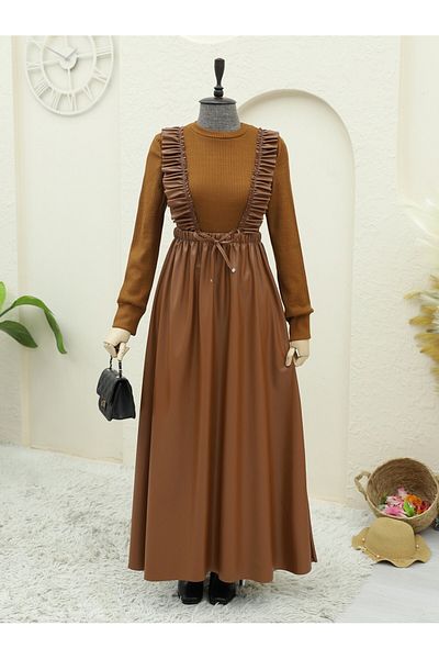 Modamorfo Strickoberteil, Lederkleid mit Rüschen vorne – Hellbraun