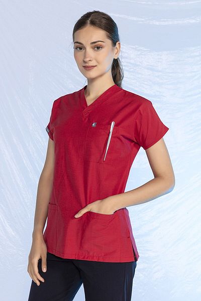 Pratik Medikal Single Top Red Lycra Bat Sleeve Nurse Jersey