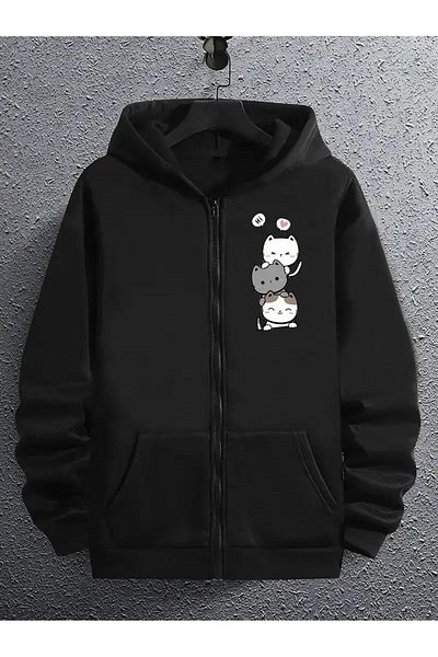 Touz Moda Cute Cat Printed Oversize Zippered Black Unisex Hooded Cardigan