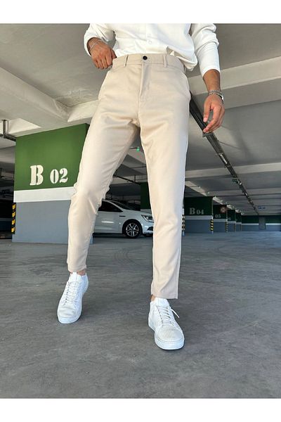 moda biz Ανδρικό υφασμάτινο παντελόνι κρέμας με λεπτή εφαρμογή ιταλικής κοπής ελαστικό Lycra ποιότητας μέχρι τον αστράγαλο