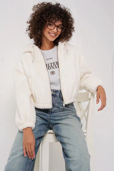 hazelin Εκρού βελούδινο Crop Jacket - Φερμουάρ και κουκούλα, με επένδυση HZL25W-BD 151931