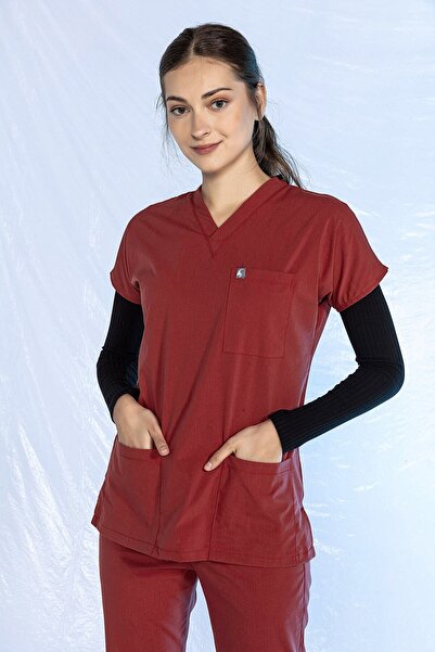 Pratik Medikal Likralı Yarasa Kol Hemşire Forması Kiremit Tek Üst