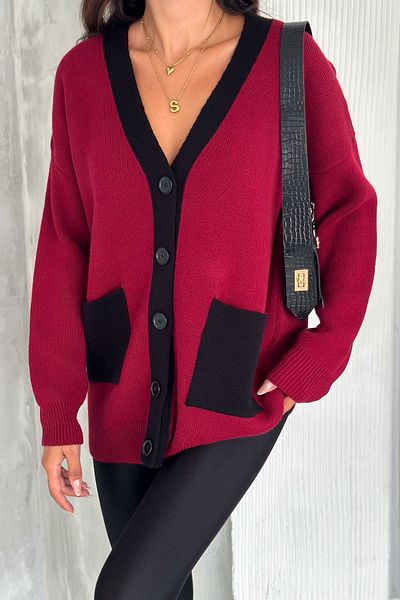 FEMELLE Cardigan de damă, roșu Claret, mărime standard, cu buzunar negru, cu nasturi, tricotaj supradimensionat