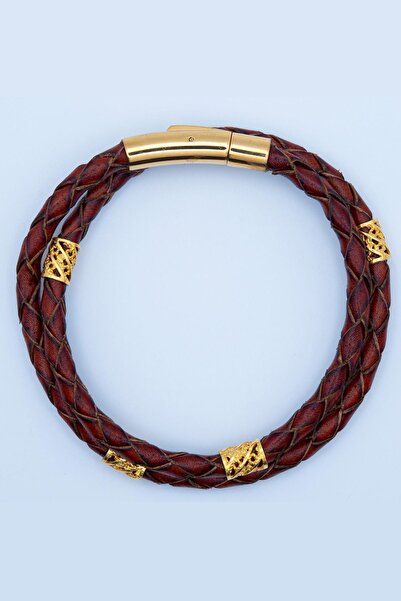 Neo Blanco Orijinal Deri Çift Sarma Taba Bileklik, Altın Kaplama ve 925 Ayar Gümüş Erkek Deri Bileklik