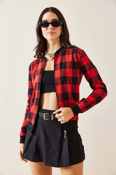 XHAN Claret Red Plaid Bomber Jacket 5Kxk2-49026-05