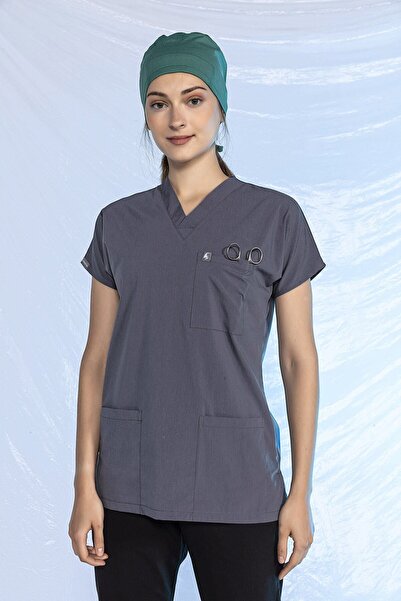 Pratik Medikal قميص ممرضة من الليكرا بأكمام واحدة بلون مدخن
