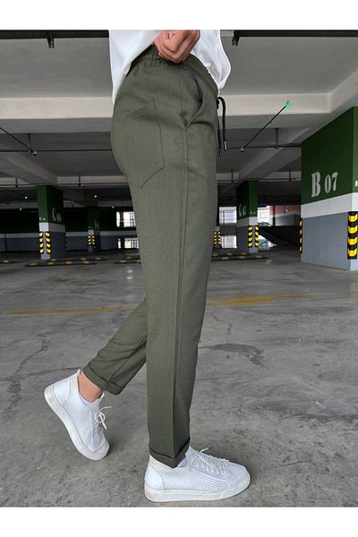 moda biz Ανδρικό παντελόνι Jogger με ελαστική λεπτή εφαρμογή Χακί μέσης με τσέπες