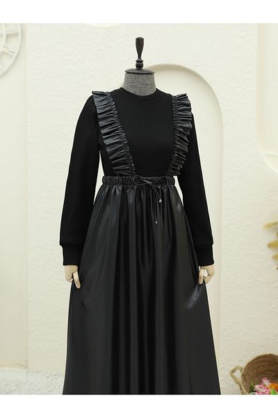Modamorfo Schwarzes Strick-Lederkleid – Rüschen oben