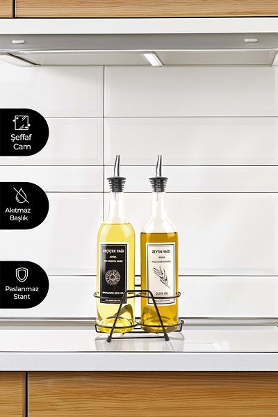 Jenisa 750 ml 2-Piece Oil Pot Set Transparent Glass Oil Pot with Steel Non-Spill Stopper and Stand - Black and White