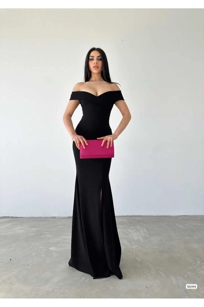 bysevensail Bss Women's Diver Fabric Boat Neck and Low-Cut Detailed Evening Dress