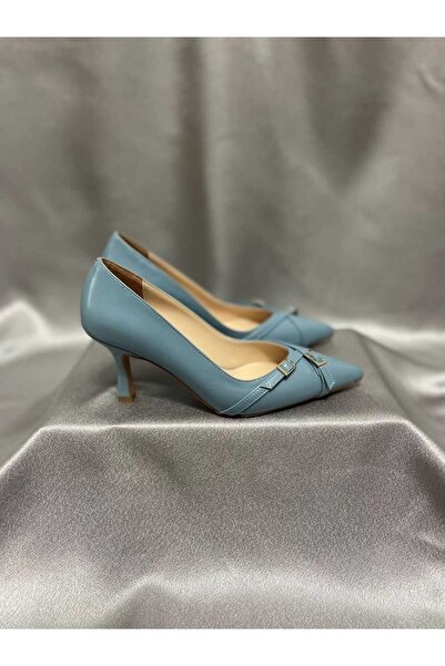 shoezy Retro Mavi Deri Topuklu Ayakkabı