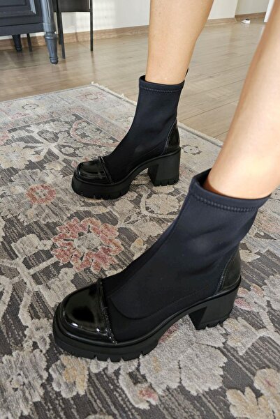 TOPUKLA 022 2416 Topukla Kadın Steç Dalgıç Kumaş Hakiki Deri 6 cm Platform Topuklu Bot