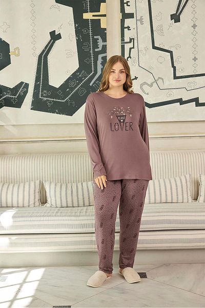 Aydoğan Women's Pearl Large Size Lover Powder Brown Pajamas Suit 0643