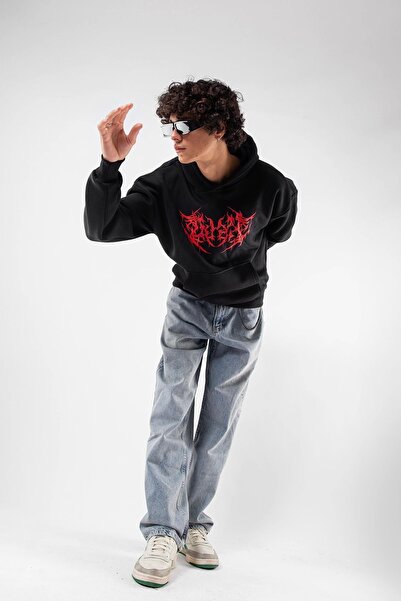 Sekizbiraltı Unisex Oversize Black Hoodie - Red Dusk Printed
