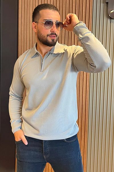 MİSHAR İTALİA Ανδρικό πλεκτό πουλόβερ σε γκρι γιακά Polo με μισό φερμουάρ