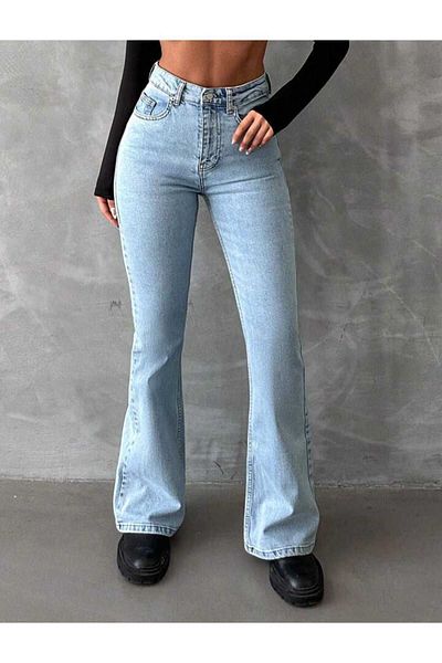 MAKRAS EXCLUSIVE 90's Blue High Waist Lycra Snow Washed Denim Flare - Blugi de damă