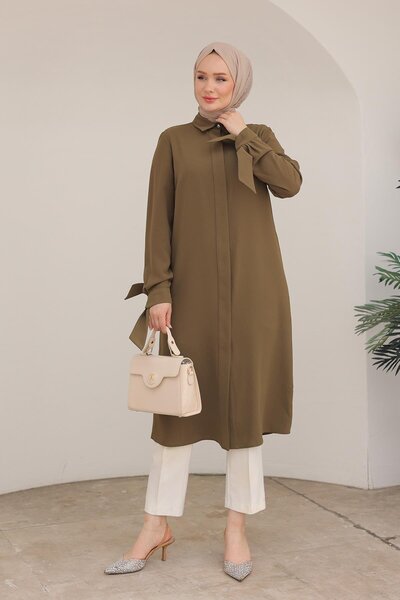 Armine ARMİNE TREND Gizli Düğmeli Gömlek Yakalı Tunik Yeşil 24KT472